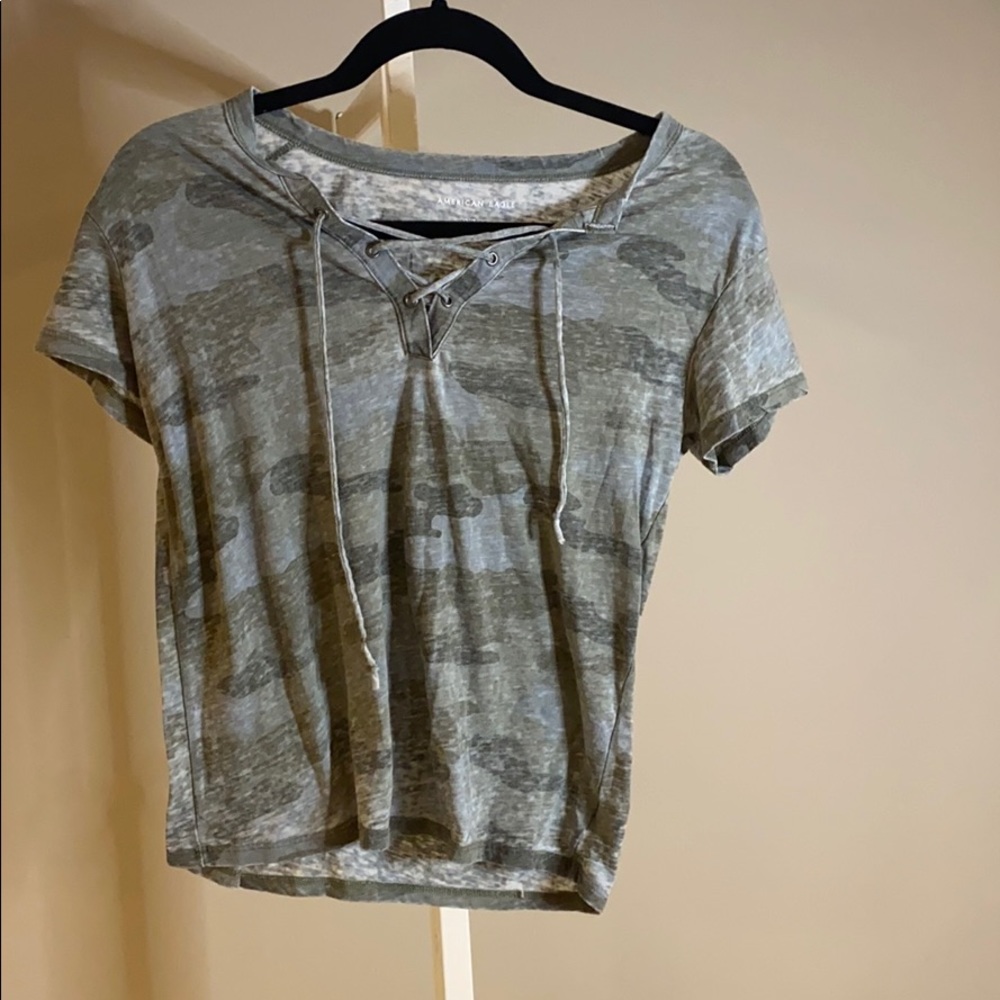 Army green camo, cross tie neck line t-shirt